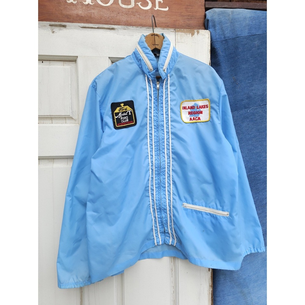 Vintage 1970s Ford Model‎ T Club Blue Windbreaker Racing Jacket Waldorf M
